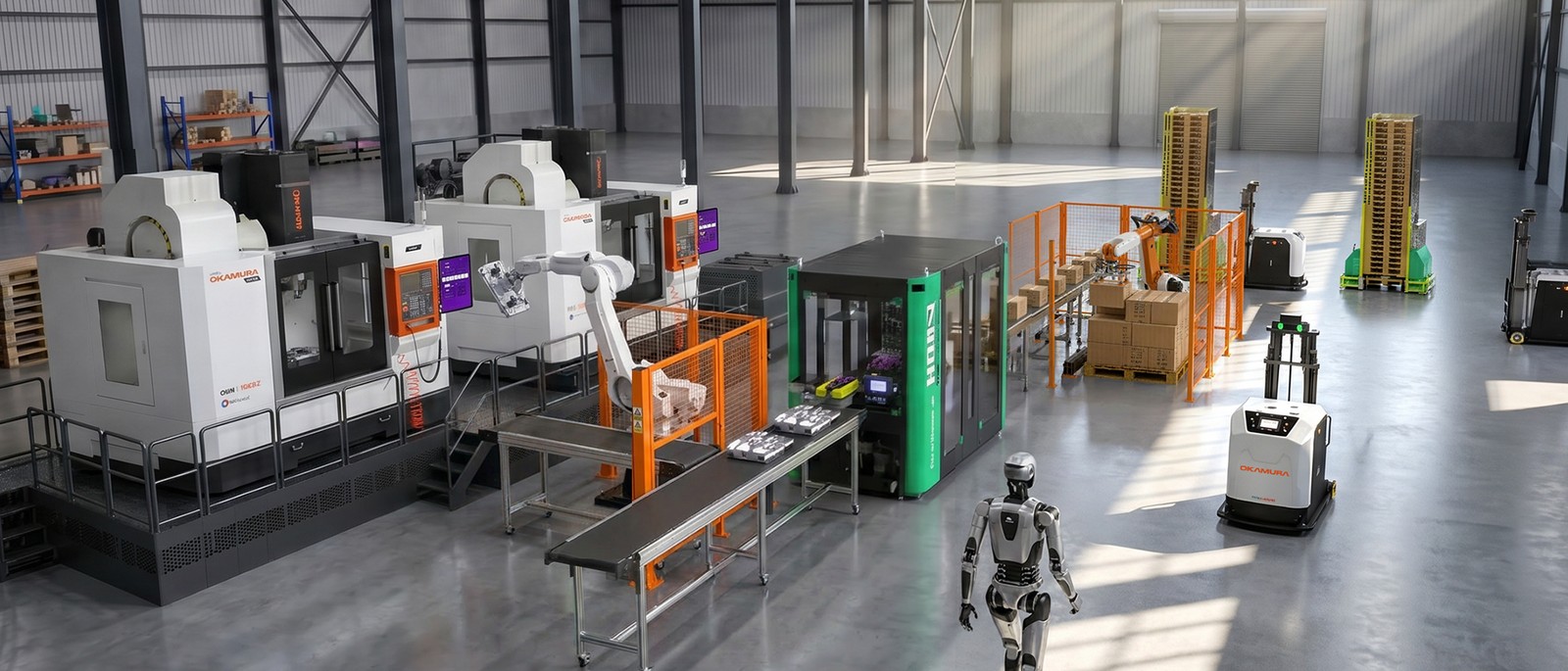 Célula automatizada Alltech integrando máquina, braço robótico, esteira, paletização e AMR
